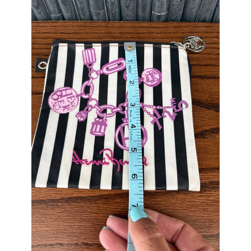 Henri Bendel Black White Striped Small Pouch Purple Charm Graphic Zipper Bag